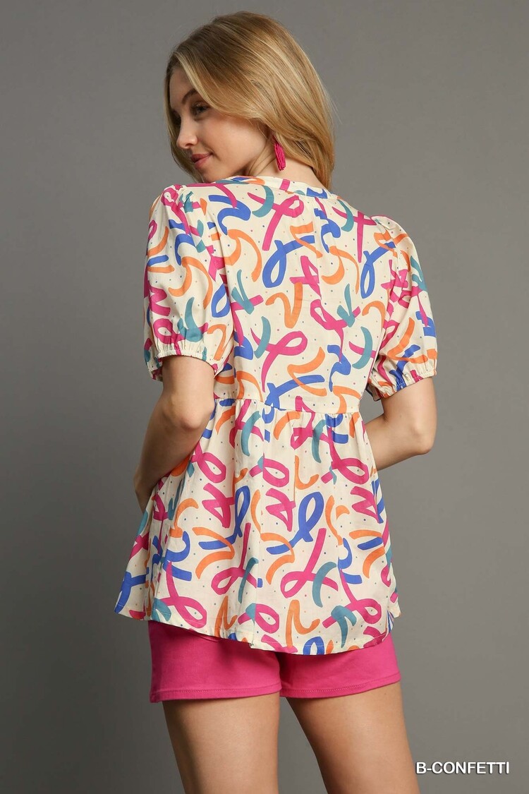 Umgee Mixed Print Ruffle Babydoll Top