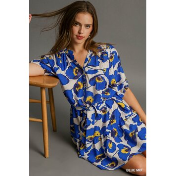 Umgee Blue Half Button Down Floral Dress