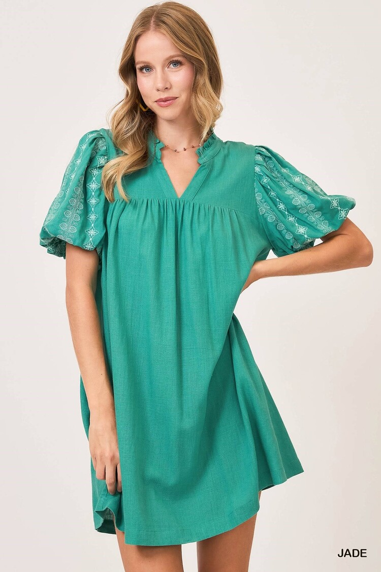 Umgee Split Neck A Line Midi Dress with Embroidered Details