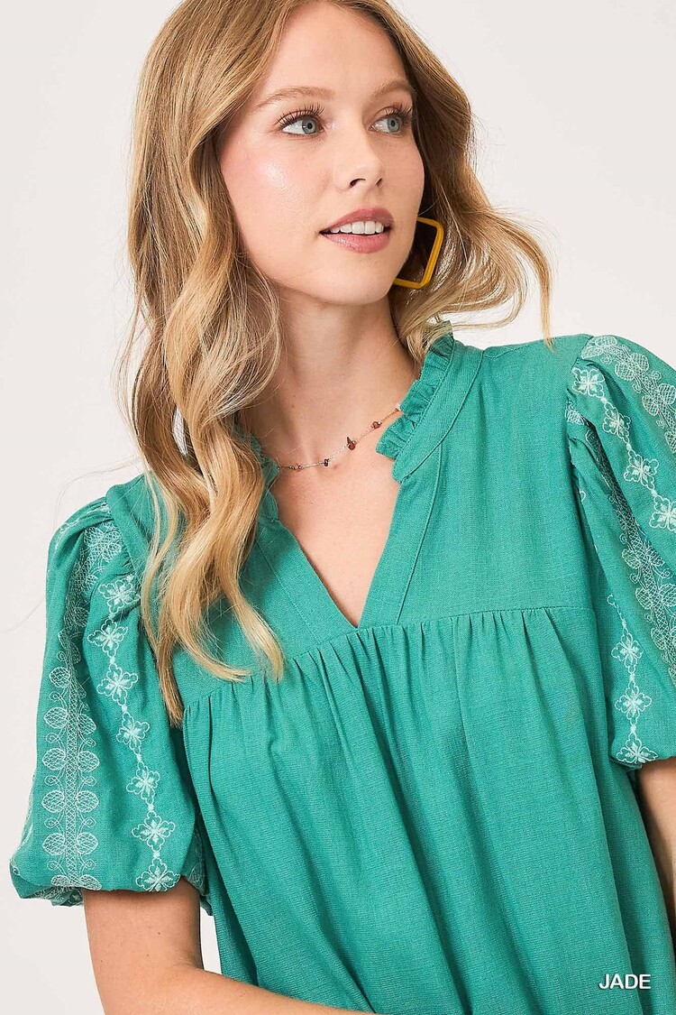 Umgee Split Neck A Line Midi Dress with Embroidered Details