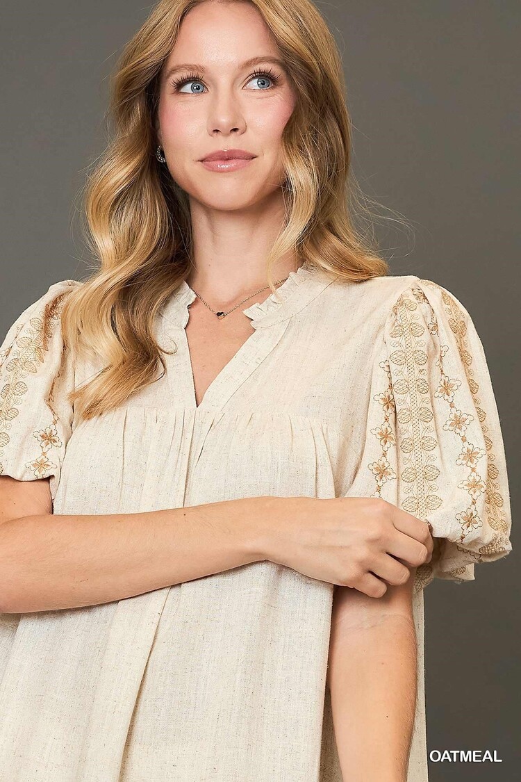 Umgee Split Neck A Line Midi Dress with Embroidered Details