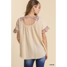 Umgee Gauze Animal Print Ruffle Sleeves Top with Fringe Hem and Cut Out Back