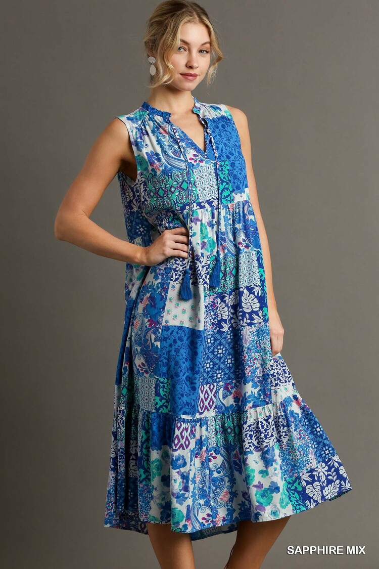 Umgee Paisley Print Sleeveless Midi Dress with Tassel Tie Front