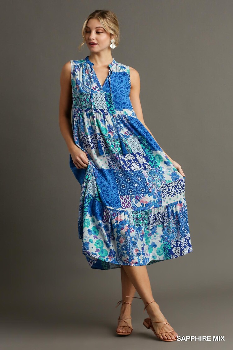 Umgee Paisley Print Sleeveless Midi Dress with Tassel Tie Front