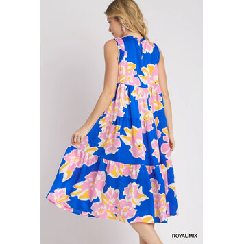 Umgee Sleeveless Tiered Maxi Floral Print Dress with Ruffle Neckline