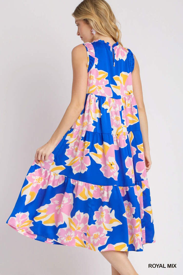 Umgee Sleeveless Tiered Maxi Floral Print Dress with Ruffle Neckline & Back Keyhole