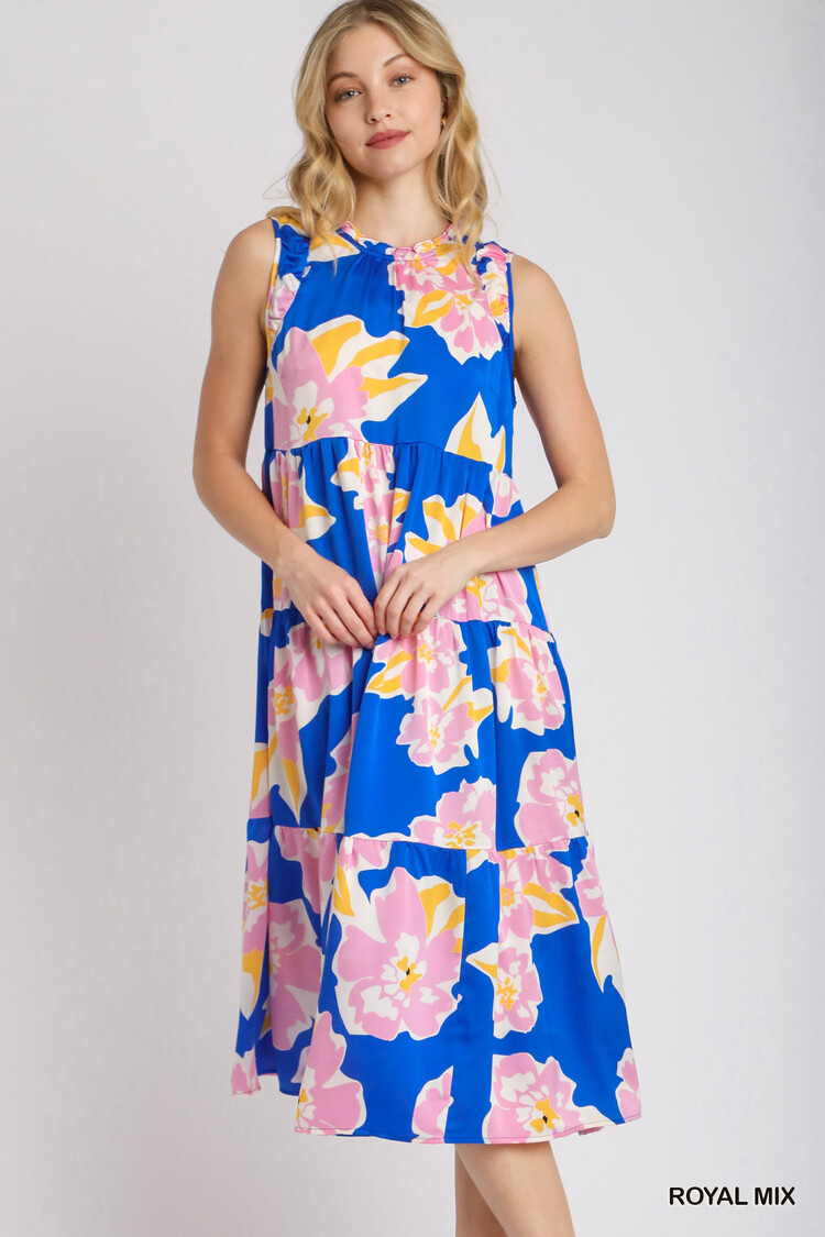 Umgee Sleeveless Tiered Maxi Floral Print Dress with Ruffle Neckline & Back Keyhole
