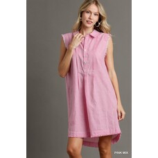Umgee Pink Stripe Collared Mid Button Sleeveless Dress with Fray