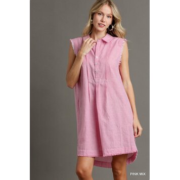 Umgee Pink Stripe Collared Mid Button Sleeveless Dress with Fray