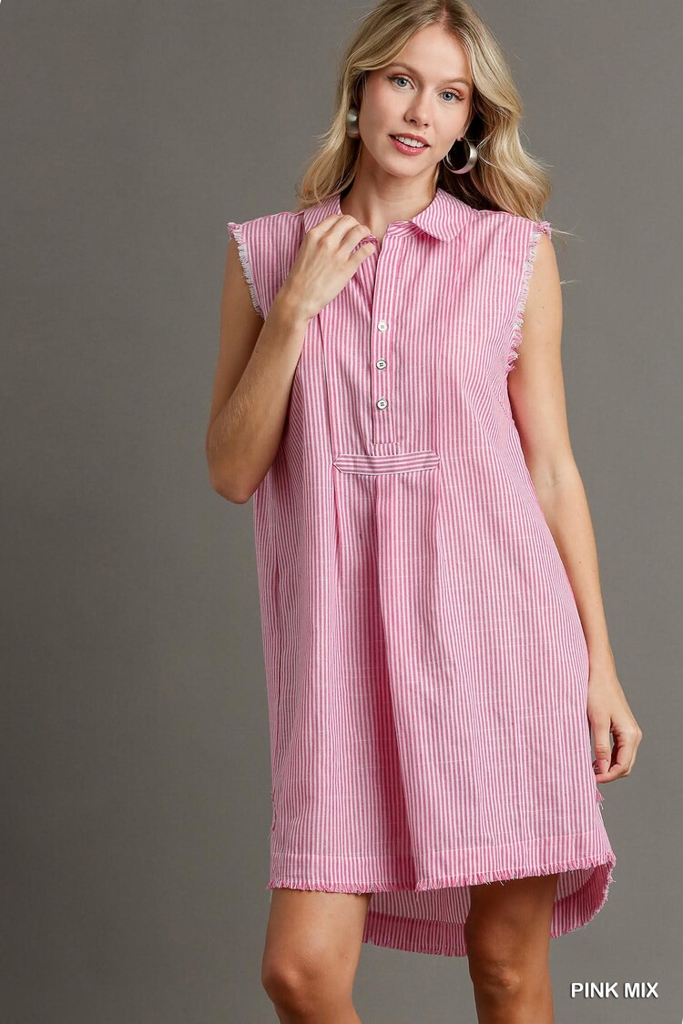 Umgee Pink Stripe Collared Mid Button Sleeveless Dress with Fray
