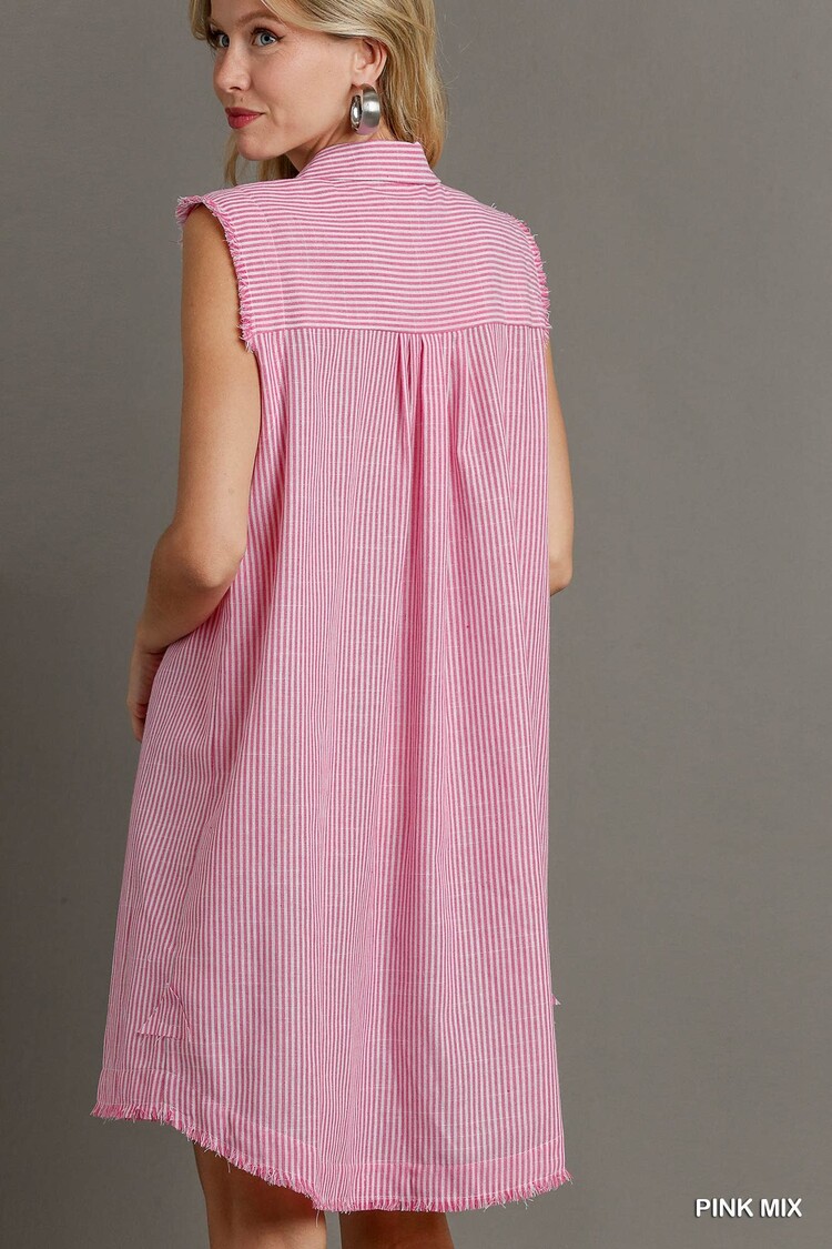 Umgee Stripe Collared Mid Button Sleeveless Dress with Fray & Pleat Details
