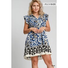 Umgee ABSTRACT BORDER PRINT COLLARED MINI DRESS WITH RUFFLE SLEEVES