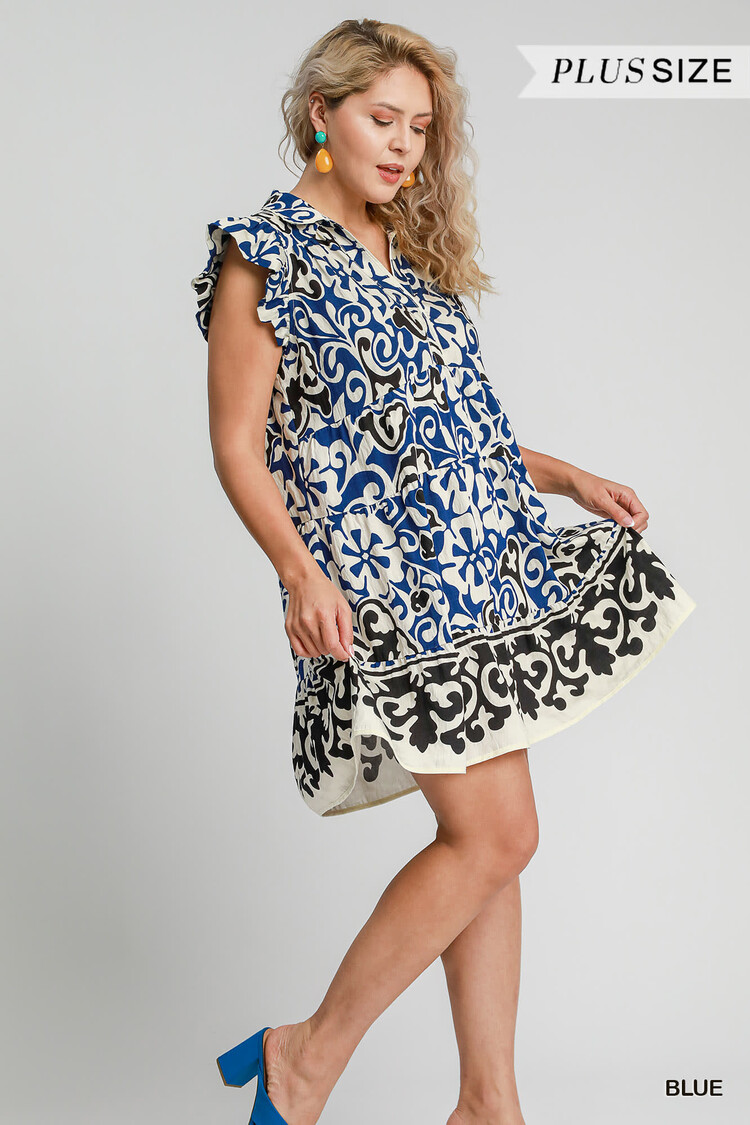 Umgee Abstract Border Print Collared Mini Dress