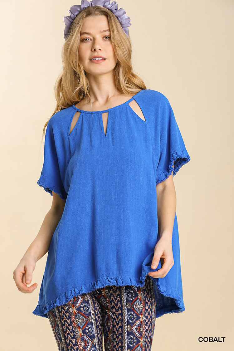 Umgee Linen Blend Cut Out Round Neckline Top With Frayed Fringe Hem