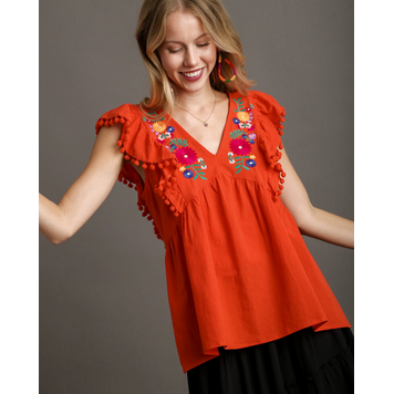 Umgee Red Embroidered Floral Babydoll Ruffle Sleeve