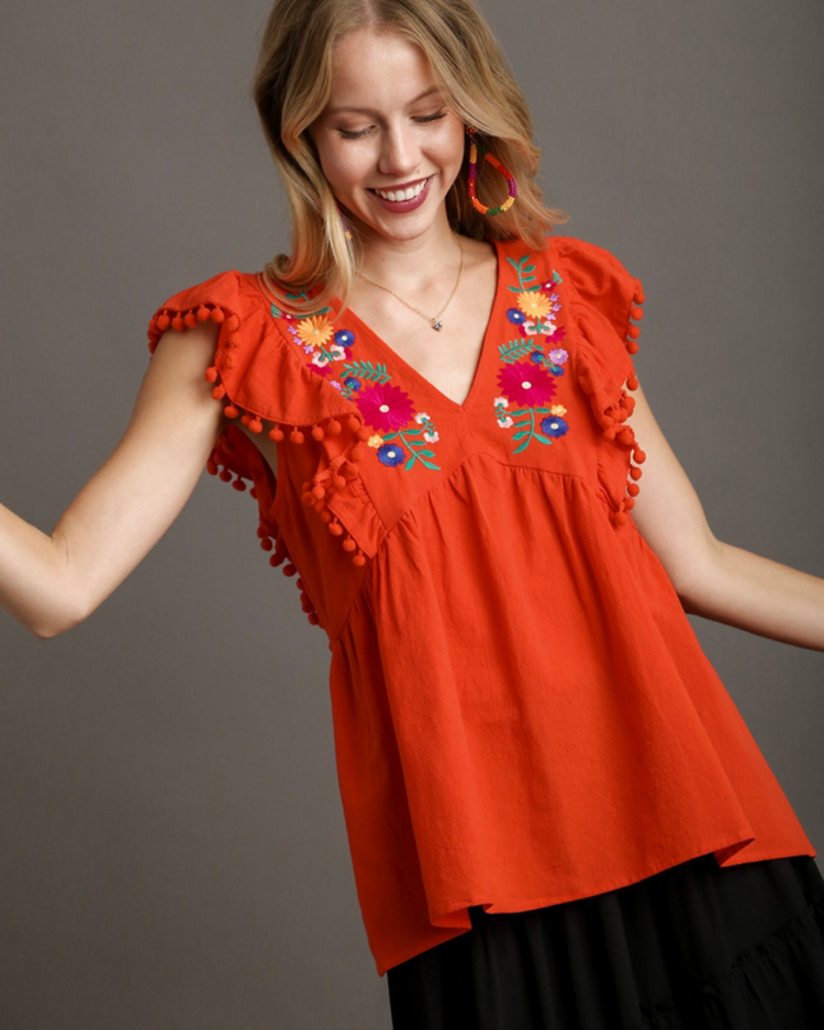 Umgee Red Embroidered Floral Babydoll Ruffle Sleeve