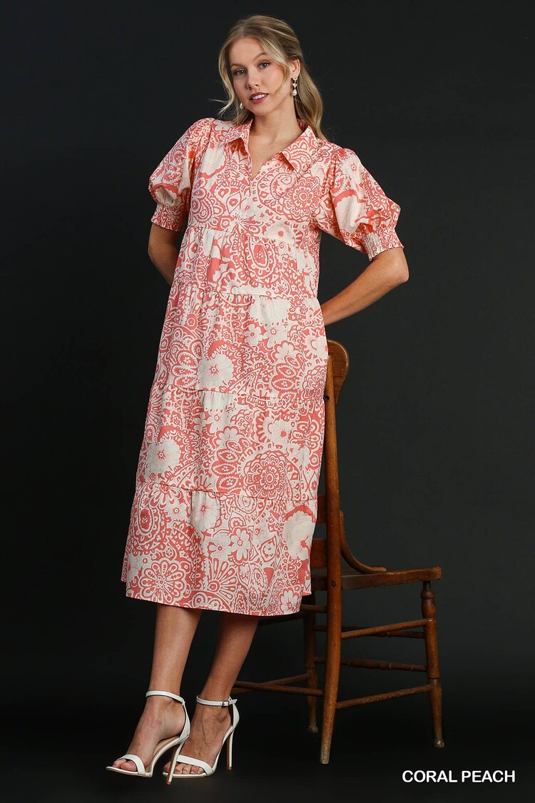 Umgee V-Neck Collared Tiered Dress