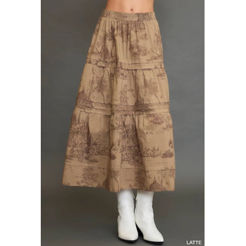 Umgee Two Tone Landscape Print Tiered Maxi Skirt