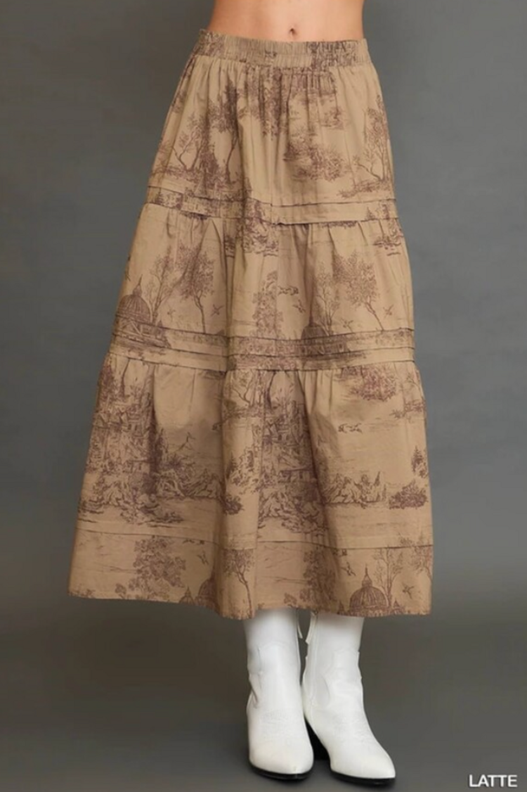 Umgee Two Tone Landscape Print Tiered Maxi Skirt With Pin Tuck Details Latte L