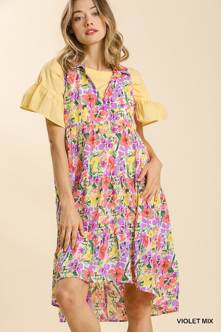 Umgee Floral Print Sleeveless Collared Split Neck Tiered Midi Dress Violet Mix M