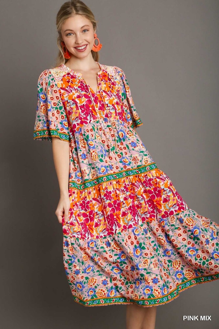 Umgee Short Sleeve Mixed Floral Print Maxi Dress with Split Neck & Smocked Detail on Shoulder Pink Mix S