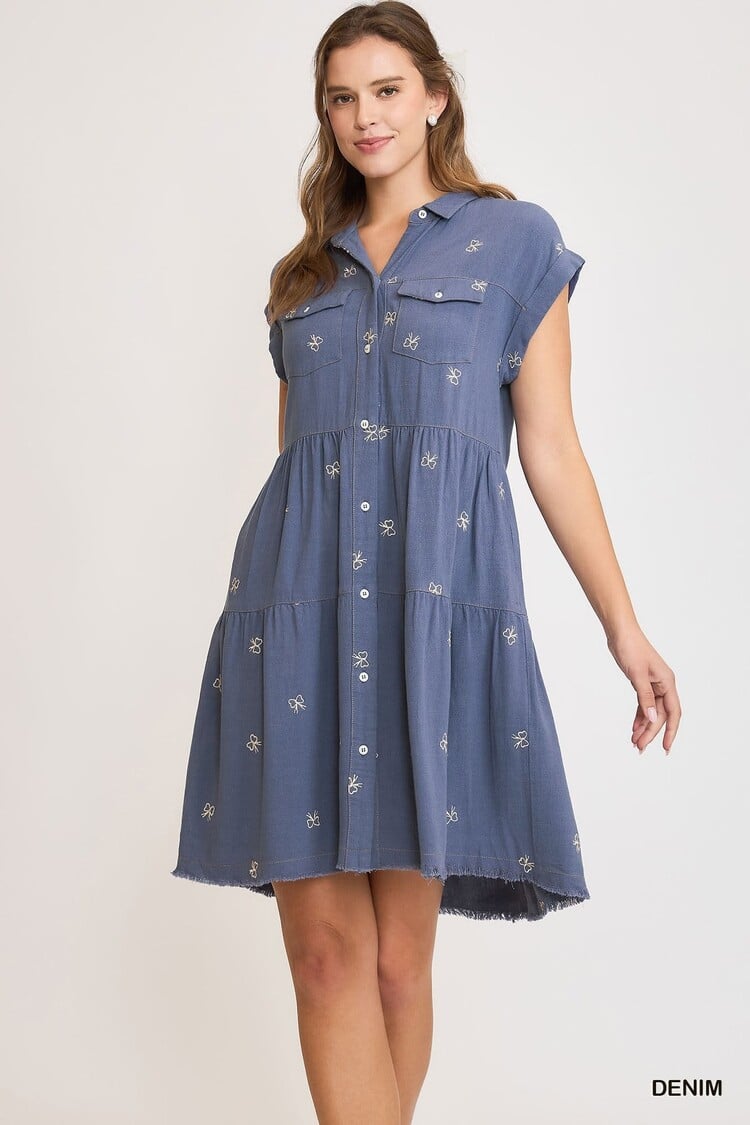 Umgee Linen Blend Ribbon Embroidered Shirt Dress Denim S