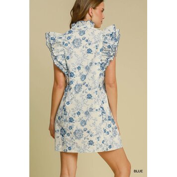Umgee Floral Print Scalloped Sleeved Dress Blue L
