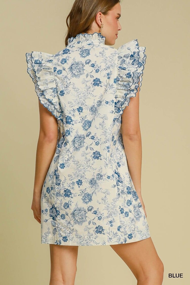Umgee Floral Print Scalloped Sleeved Dress Blue L
