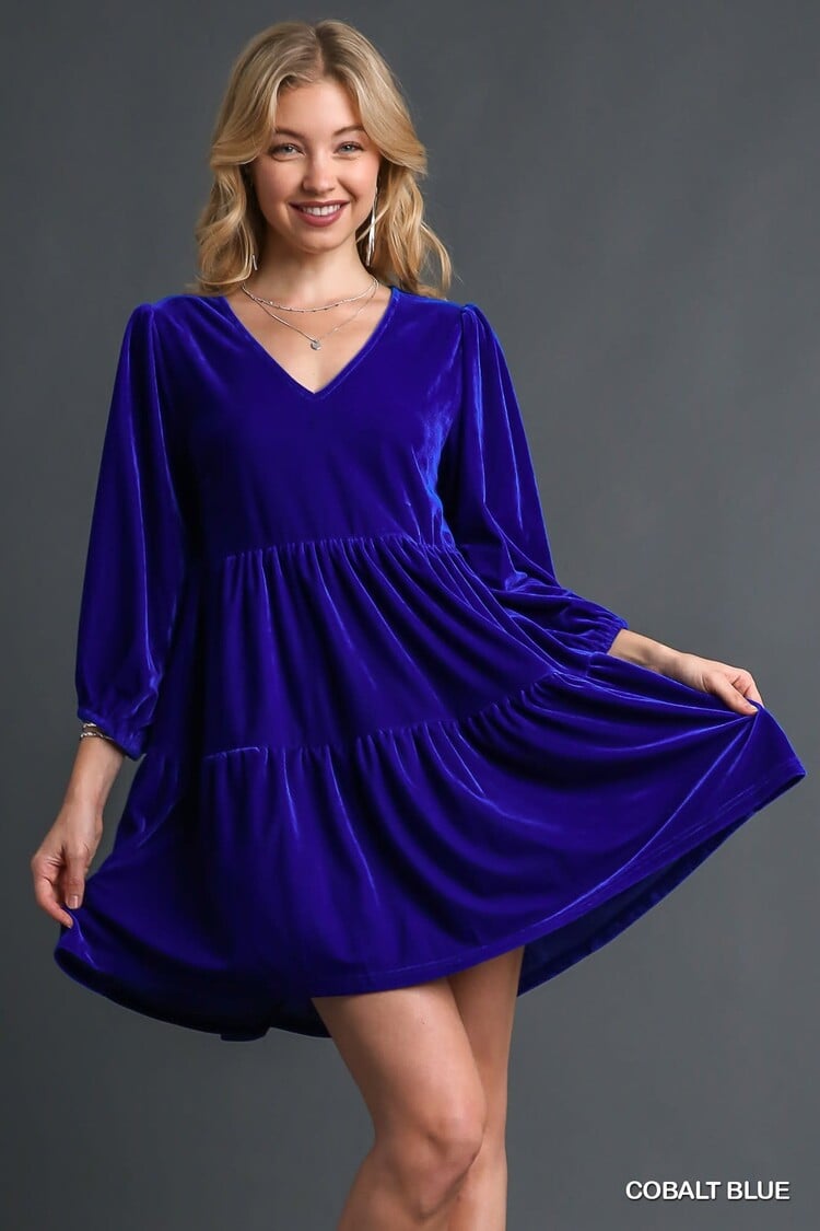 Umgee V Neck Velvet 3/4 Sleeve Dress Cobalt Blue S