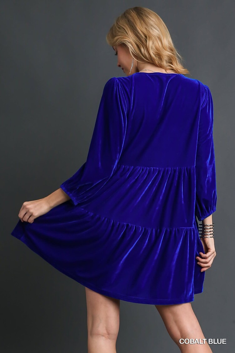 Umgee V Neck Velvet 3/4 Sleeve Dress Cobalt Blue S