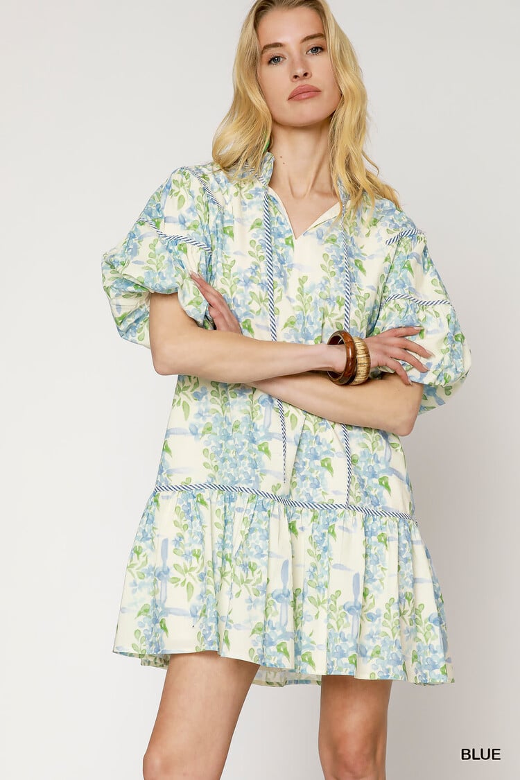 Umgee Blue Floral Puffy Sleeves Mini Dress Blue S