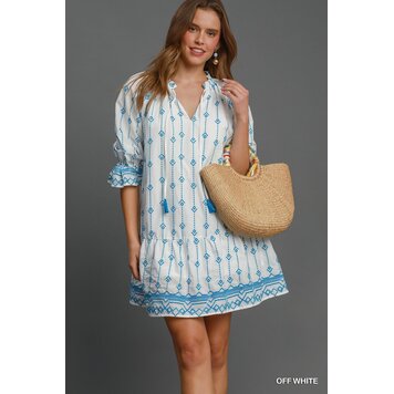 Umgee Embroidered Spilt Neck Dress Off White S