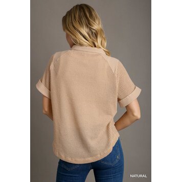 Umgee Waffle Knit Button Down Shirt Natural L