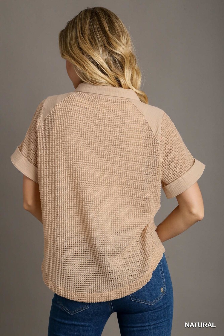 Umgee Waffle Knit Button Down Shirt Natural L