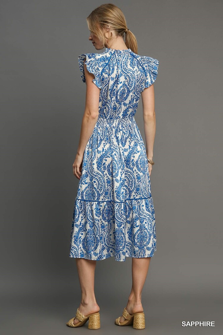 Umgee Two Tone Paisley Print Midi Dress Sapphire L
