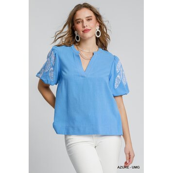 Umgee Linen Blend Embroidered Top with Bubble Sleeves