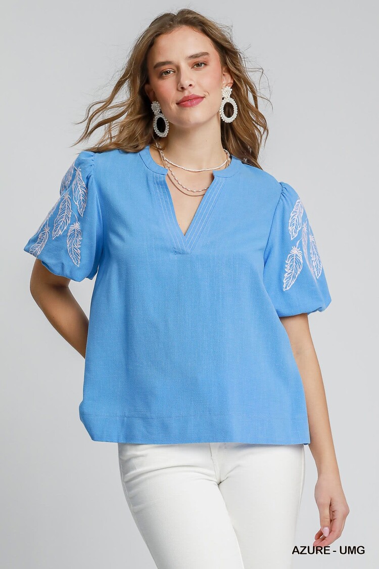 Umgee Linen Blend Embroidered Top with Bubble Sleeves