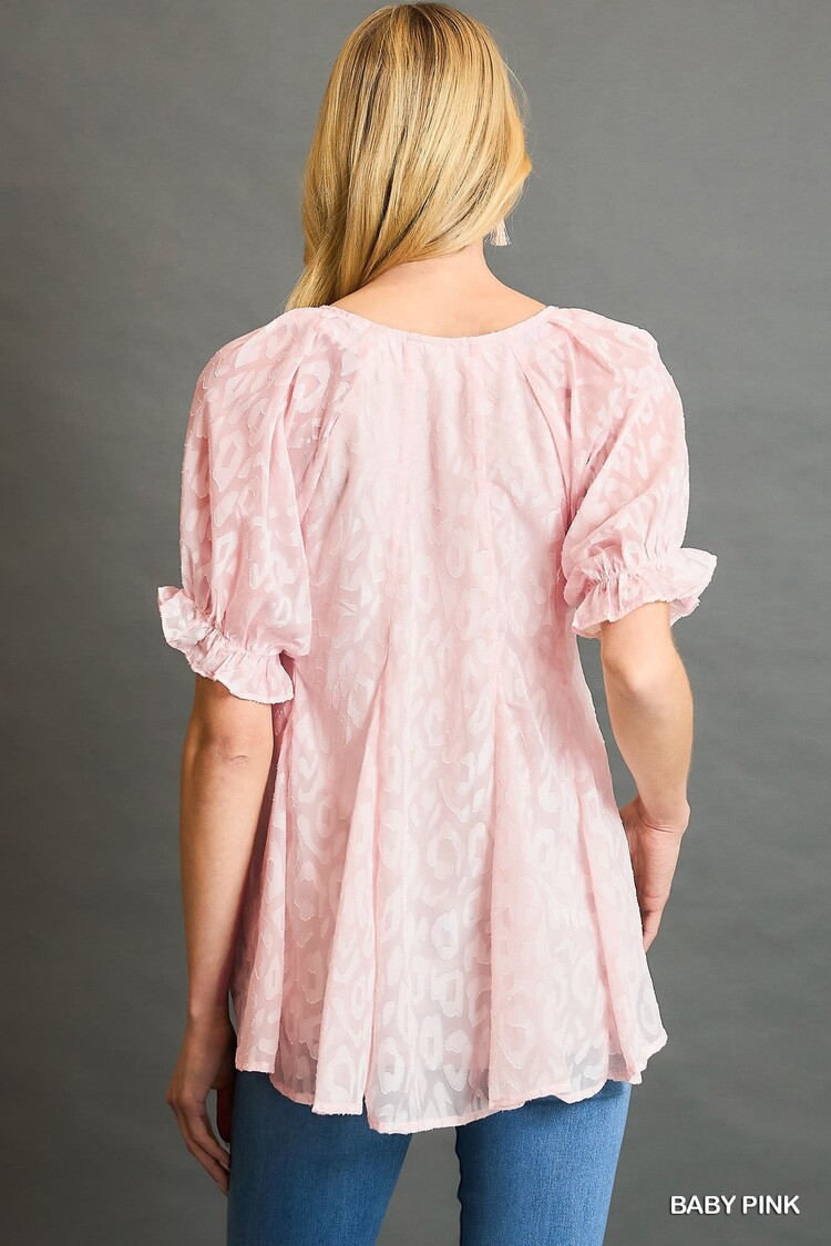 Umgee Leopard Print Puff Sleeve V-Neck Blouse with Lining