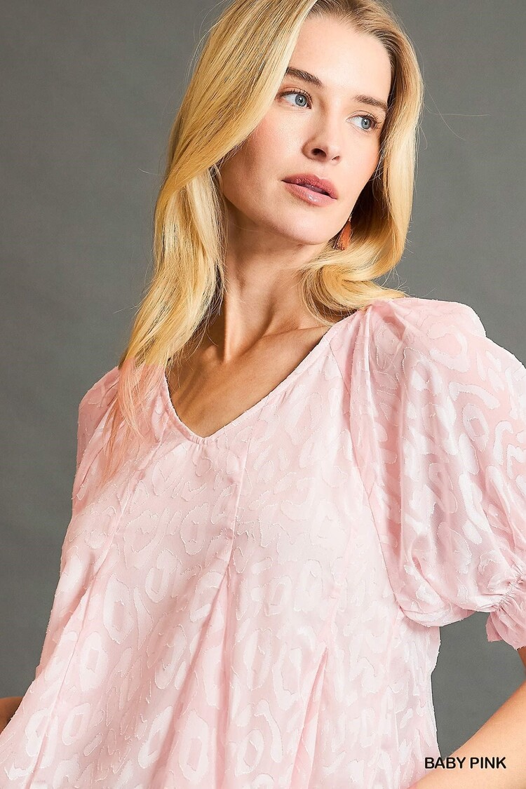 Umgee Leopard Print Puff Sleeve V-Neck Blouse with Lining