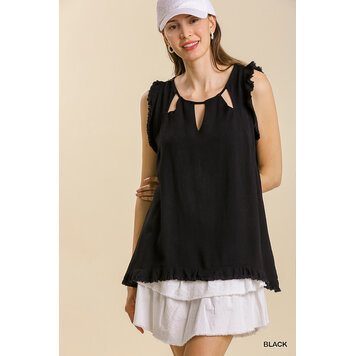 Umgee Linen Blend Cut Out Round Neckline Top With Frayed Fringe Hem