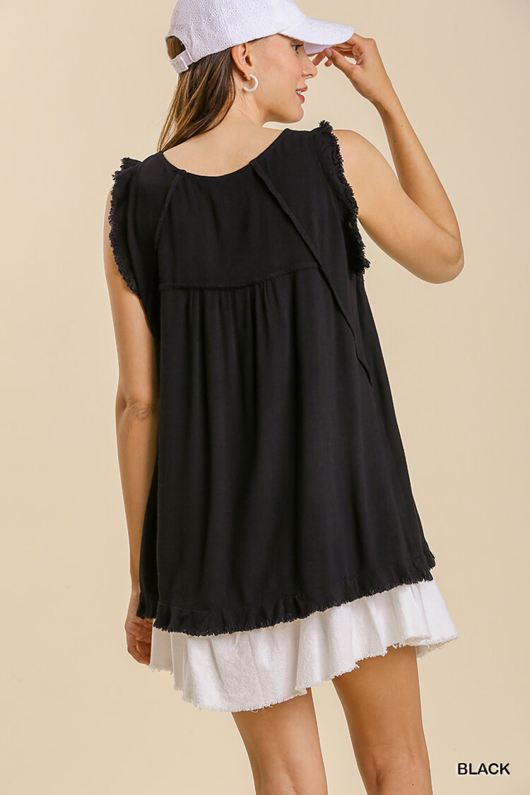 Umgee Linen Blend Cut Out Round Neckline Top With Frayed Fringe Hem