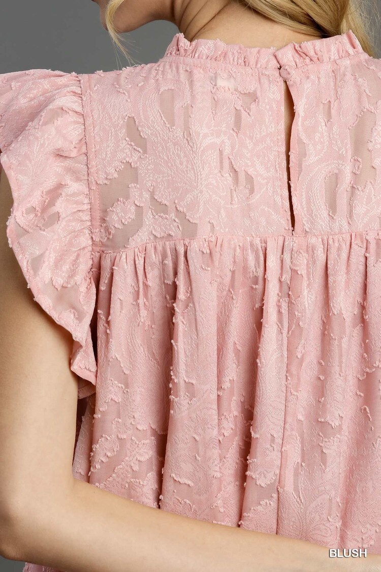 Umgee Jacquard Lace Ruffle Short Sleeve Dress with Back Button Keyhole