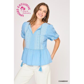 Umgee Embroidered Peplum Blouse