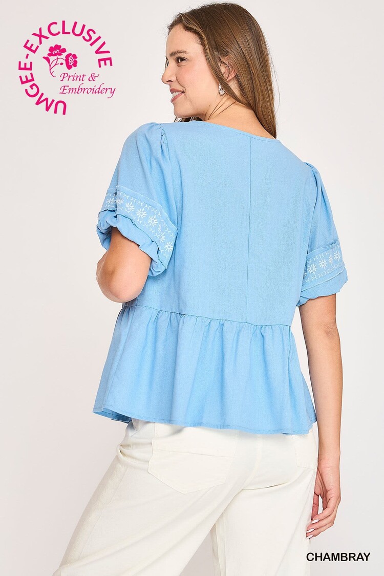 Umgee Embroidered Peplum Blouse