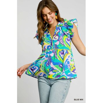 Umgee Baby Doll V-Neck Top with Ruffle Cap Sleeves with Edge Lace Trim