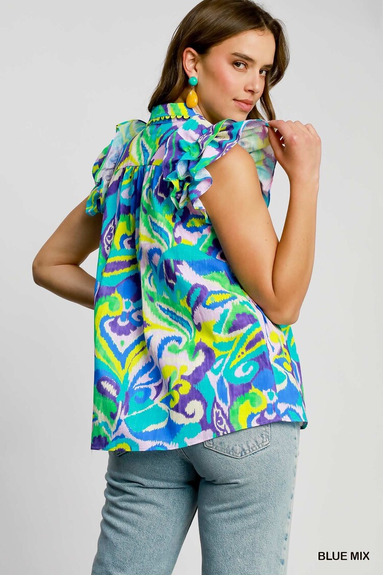 Umgee Baby Doll V-Neck Top with Ruffle Cap Sleeves with Edge Lace Trim