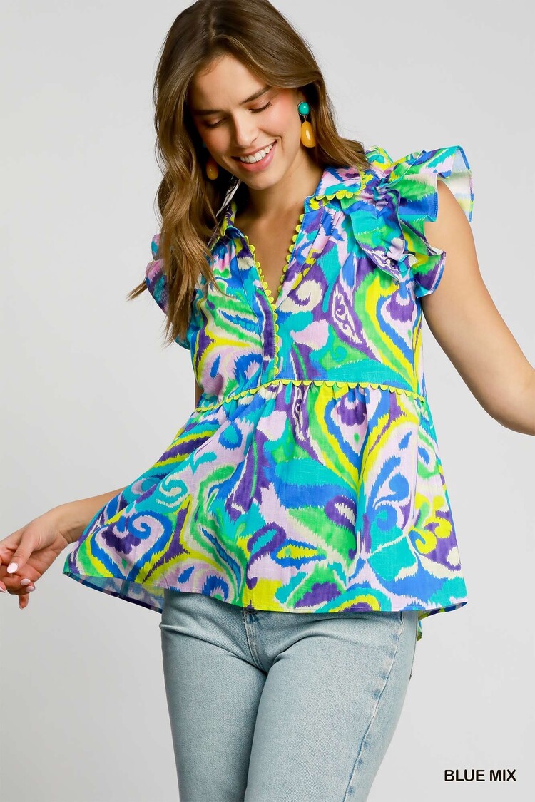 Umgee Baby Doll V-Neck Top with Ruffle Cap Sleeves with Edge Lace Trim
