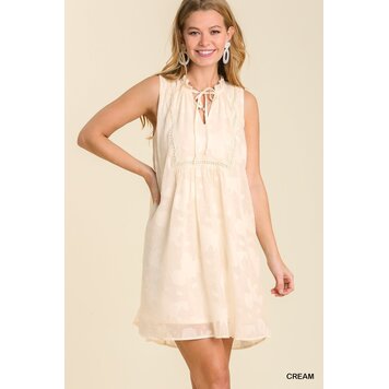 Umgee Sleeveless Shift Dress with Front Tie Detail and Ruffle Trim Around Neckline