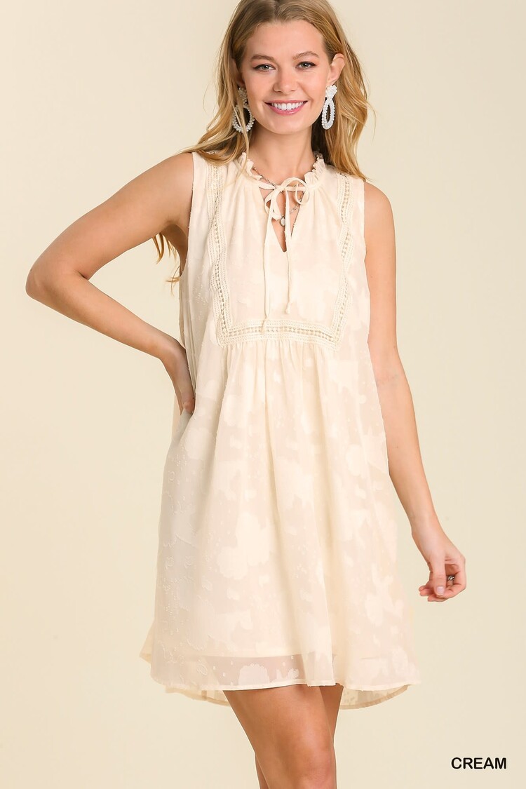 Umgee Sleeveless Shift Dress with Front Tie Detail and Ruffle Trim Around Neckline