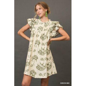 Umgee Two Tone Paisley Print Tiered Mini Dress With Ruffle Sleeves